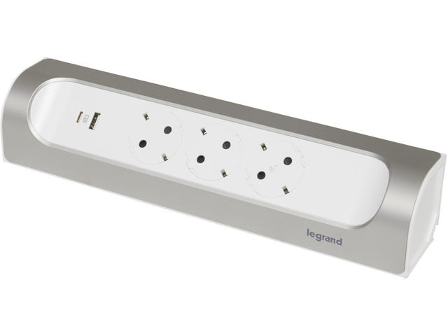 Разклонители Legrand COR, ъглов, шуко, 3X2P+E, USB A+C, без. кабел, бяло/алуминий